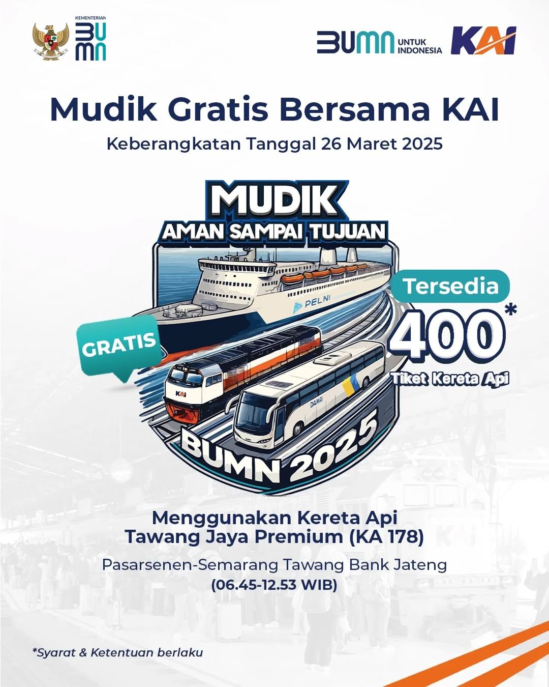 PT Kereta Api Indonesia (Persero) kembali menghadirkan program Mudik Gratis